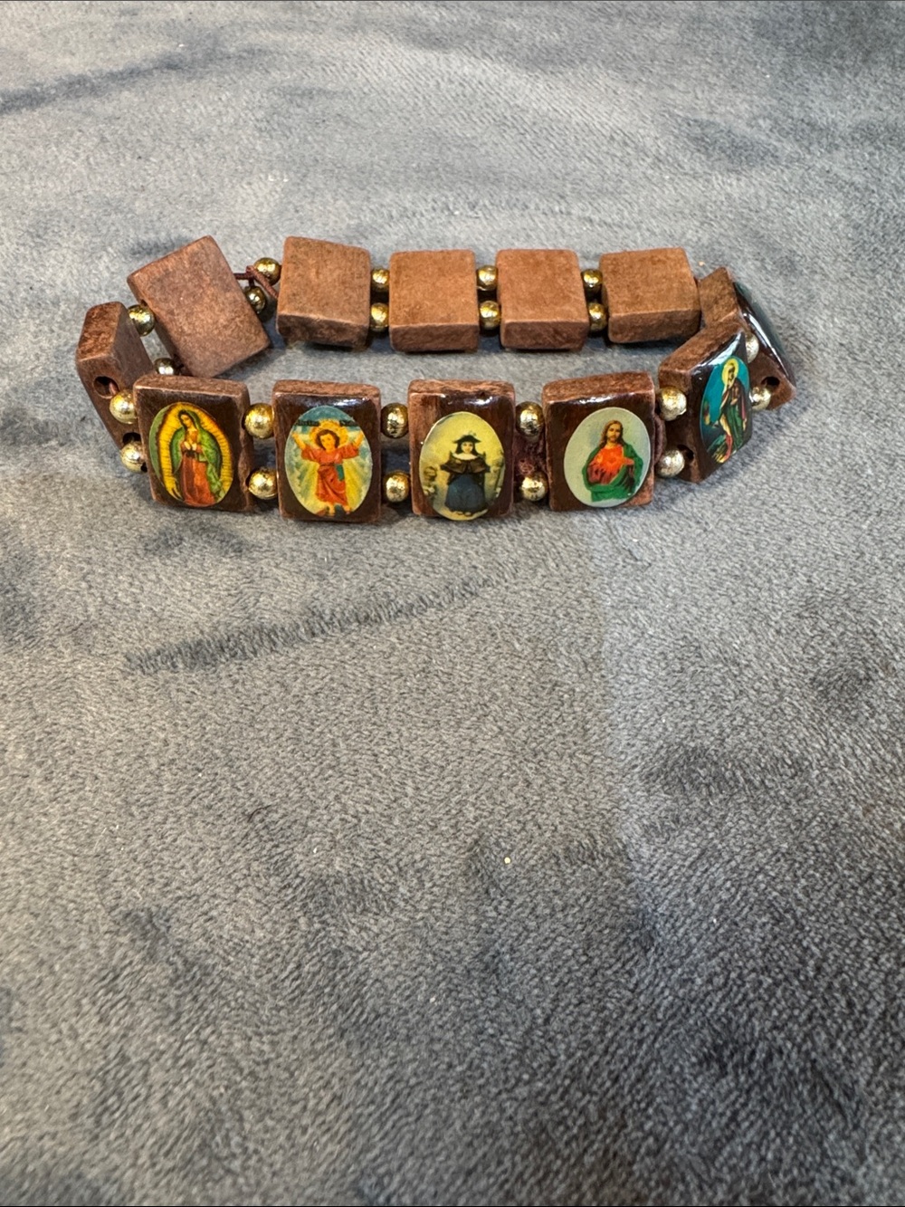 Wood Panel Religious Saint Stretch Bracelet - Brown